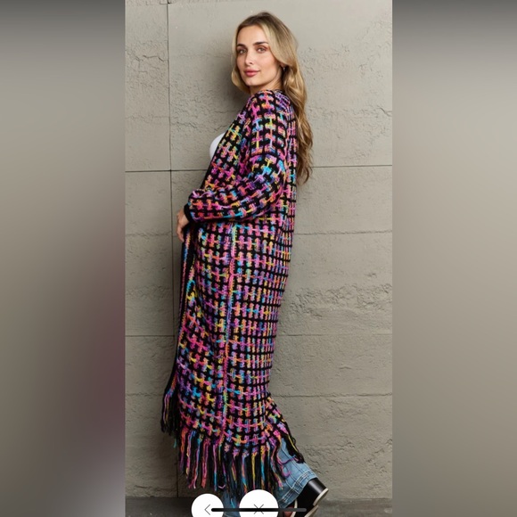New Multicolor black long bohemian cardigan coat with fringes size s/m - Picture 4 of 15